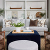 Stephen Sofa styled with blue and brown pillows in a fall living room. Styled view.