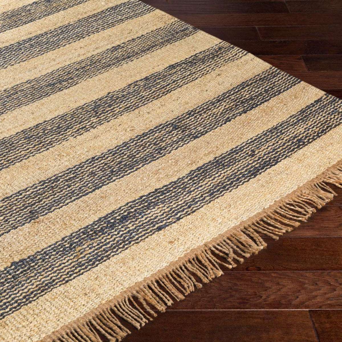 Striped Jute Rug - Navy 4' x 6' corner detail. Detail view.