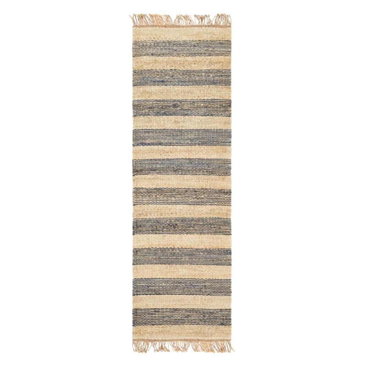 Striped Jute Rug - Navy 2'6 x 8'. Top view.
