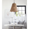 Summer Outdoor Pendant - Large styled above a dinging table with grey bench seating. Styled view.