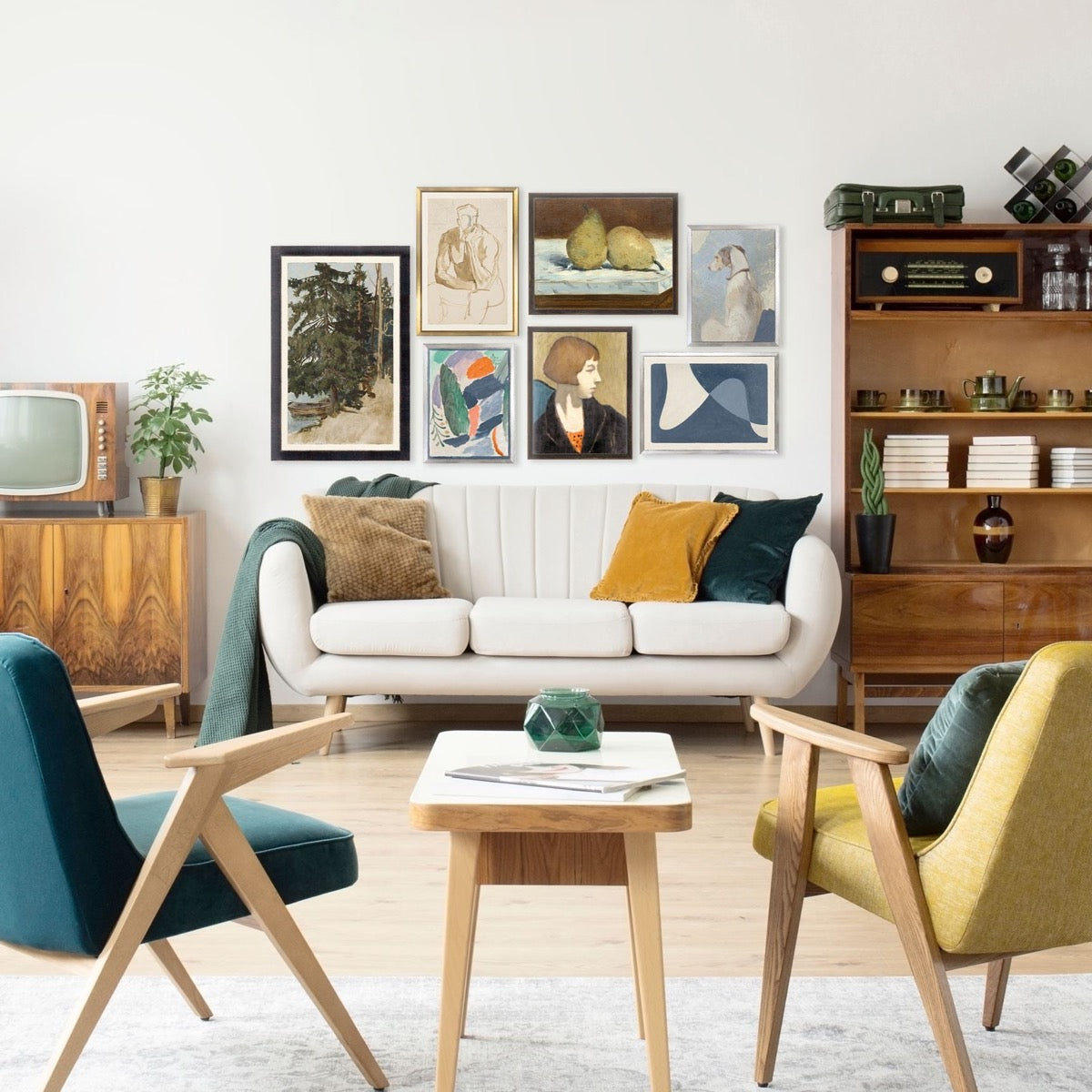 Treescpae styled in a mid-century living room. Styled view.