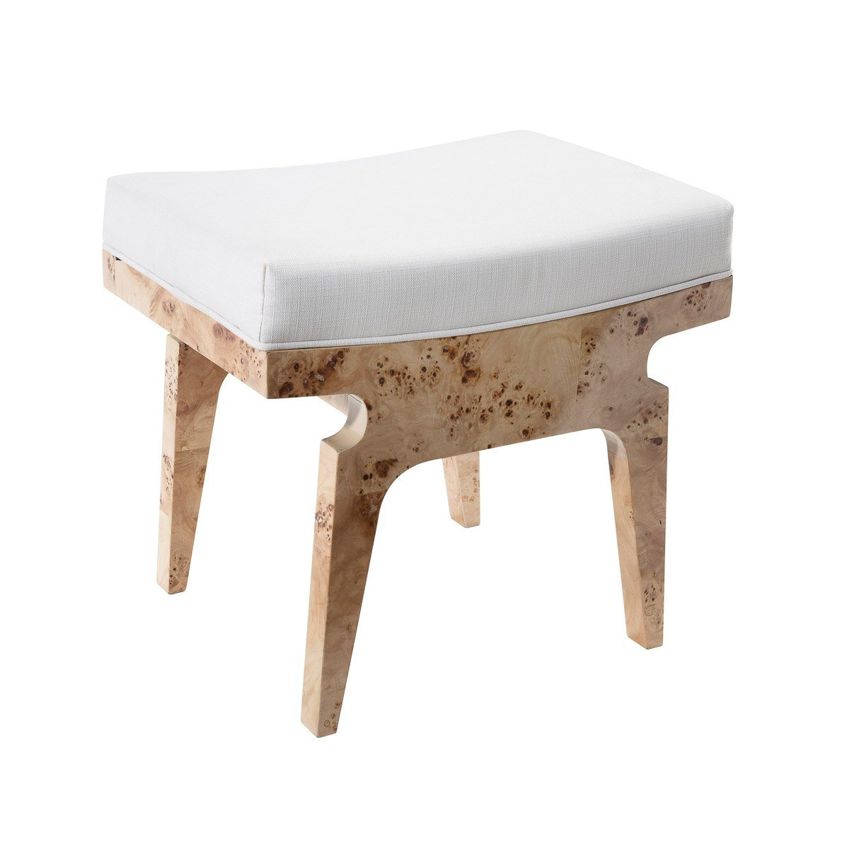 Walton Stool Glossy Burl Wood | White Linen. Right angle view.