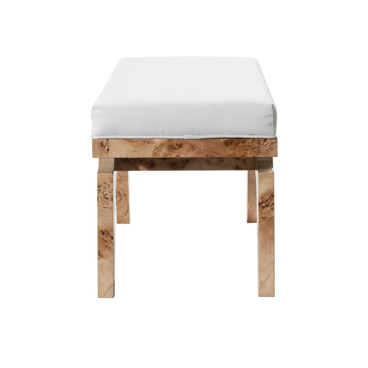 Walton Stool Glossy Burl Wood | White Linen. Side view.