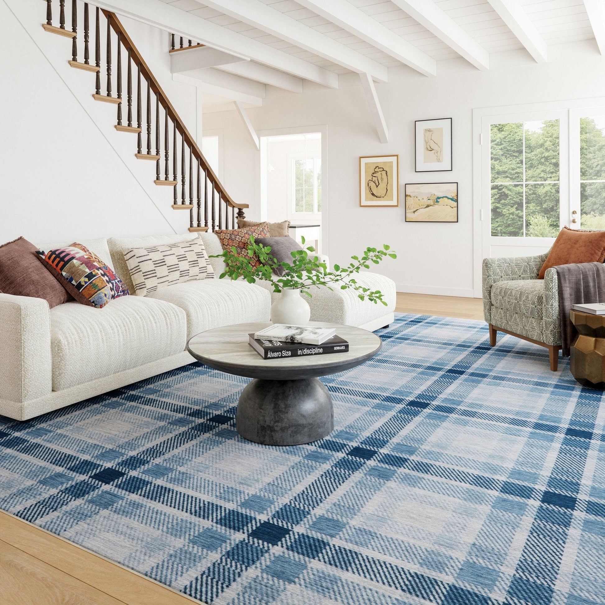 Andri Modern Plaid Machine Washable Rug - Blue Rugs 