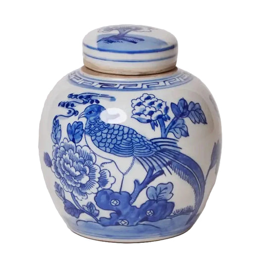 Blue and White Porcelain Golden Pheasant Round Jar Vases & Planters 