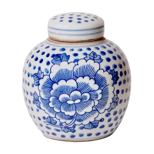 Blue and White Porcelain Peony Polka Dot Round Jar Vases & Planters 