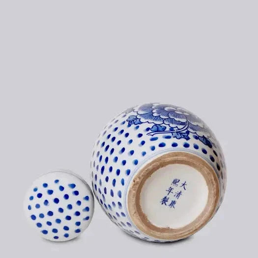 Blue and White Porcelain Peony Polka Dot Round Jar Vases & Planters 