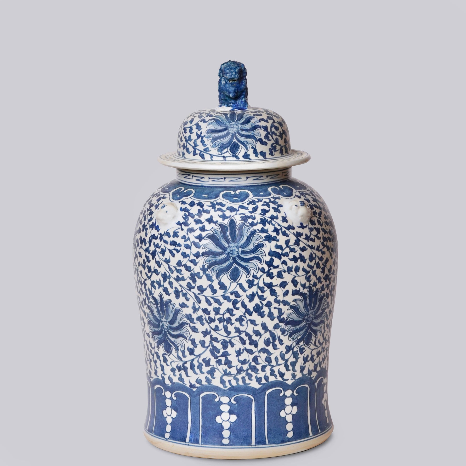 Blue and White Porcelain Scrolling Lotus Rondelle Temple Jar Vases, Planters & Jars 