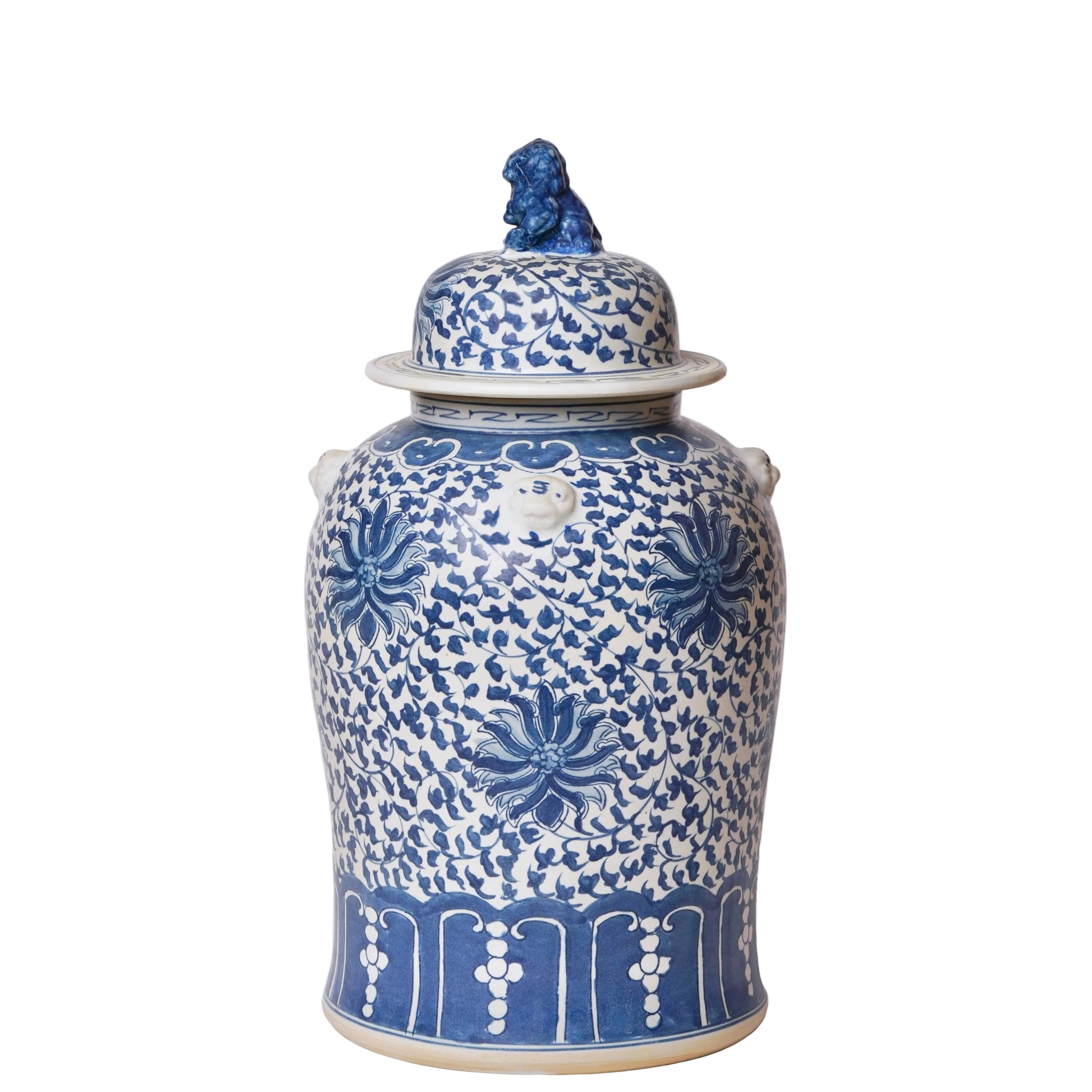 Blue and White Porcelain Scrolling Lotus Rondelle Temple Jar Vases, Planters & Jars 