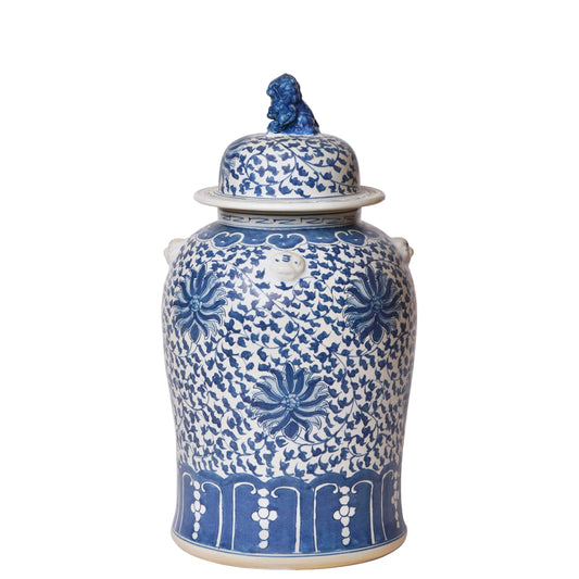 Blue and White Porcelain Scrolling Lotus Rondelle Temple Jar Vases, Planters & Jars 