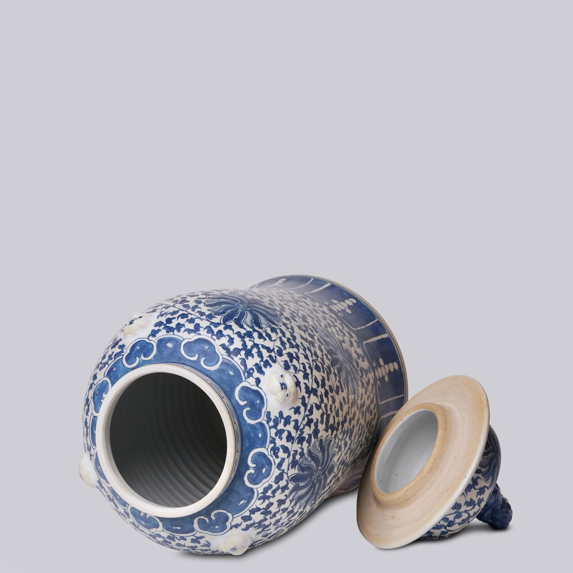 Blue and White Porcelain Scrolling Lotus Rondelle Temple Jar Vases, Planters & Jars 