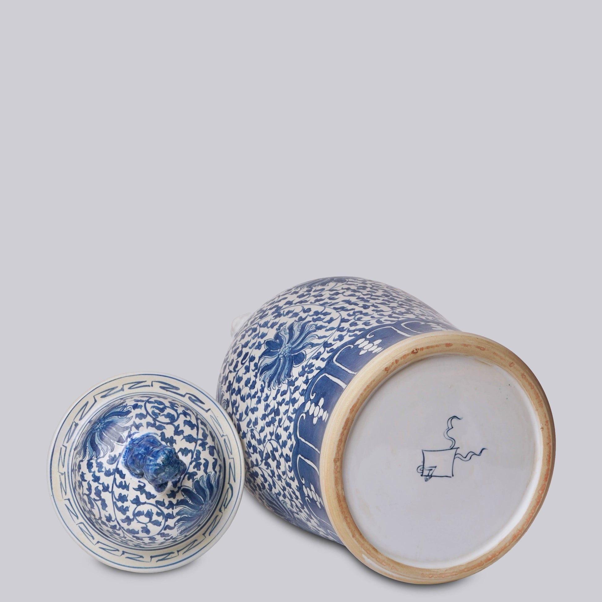 Blue and White Porcelain Scrolling Lotus Rondelle Temple Jar Vases, Planters & Jars 