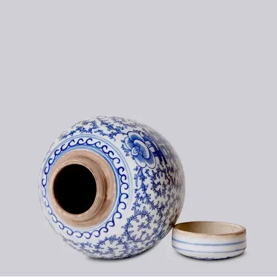 Blue and White Porcelain Scrolling Peony Round Jar Vases & Planters 