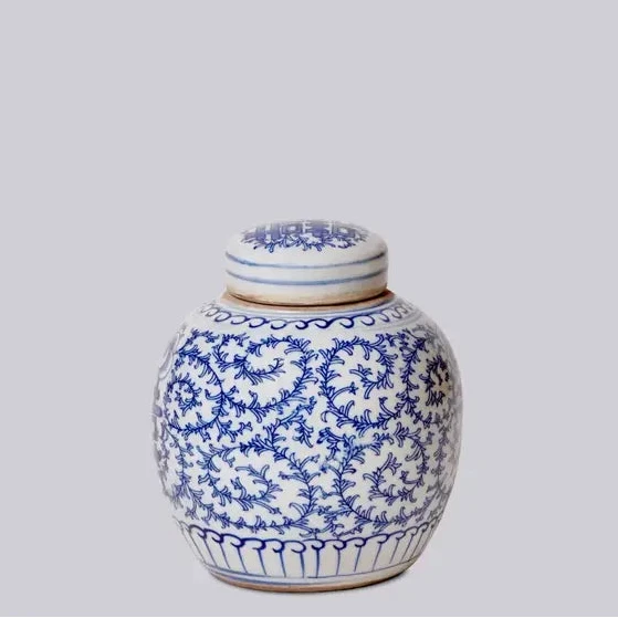 Blue and White Porcelain Scrolling Peony Round Jar Vases & Planters 