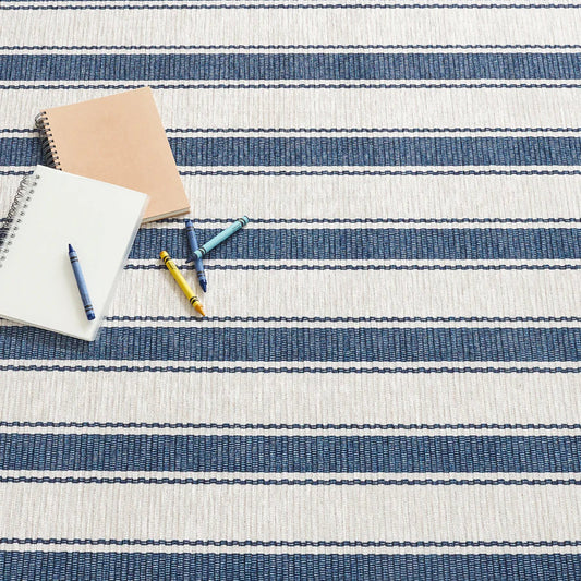 Blue Awning Stripe Machine Washable Rug WASHABLE 