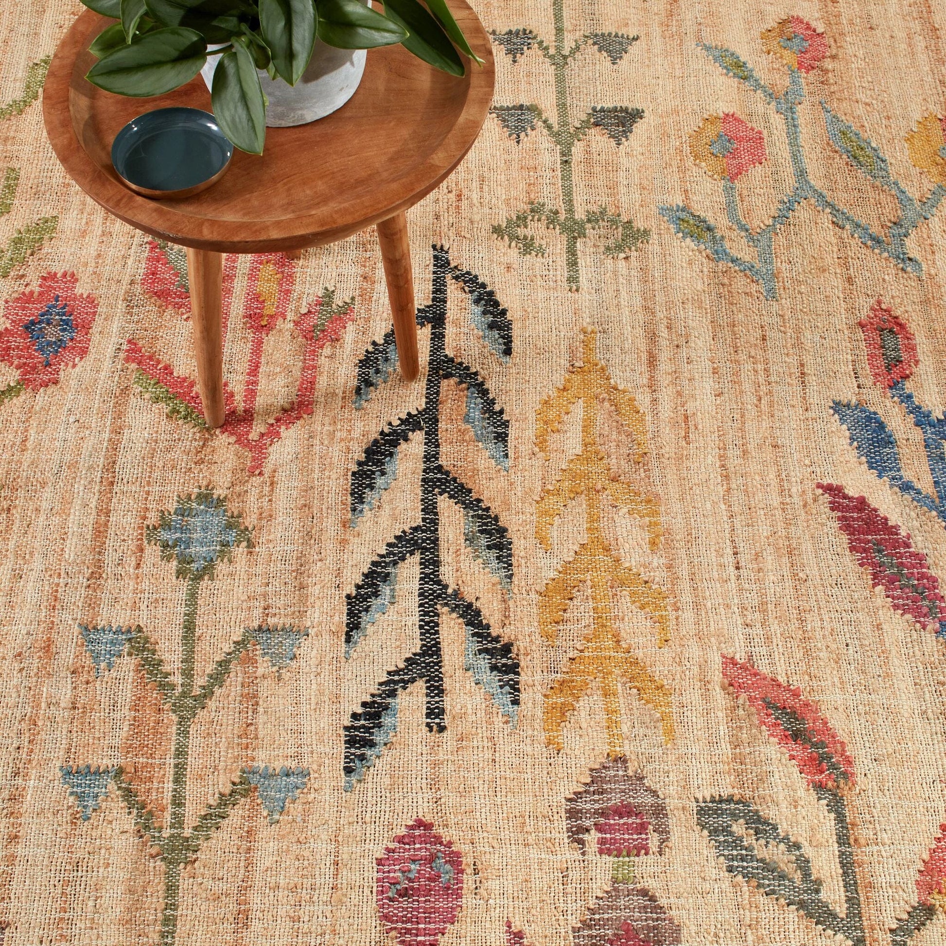 Folk Floral Kilim Natural Handwoven Jute Rug RUGS 