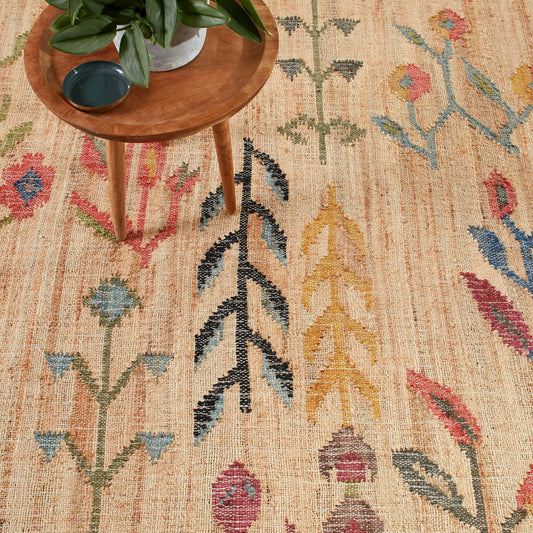 Folk Floral Kilim Natural Handwoven Jute Rug RUGS 