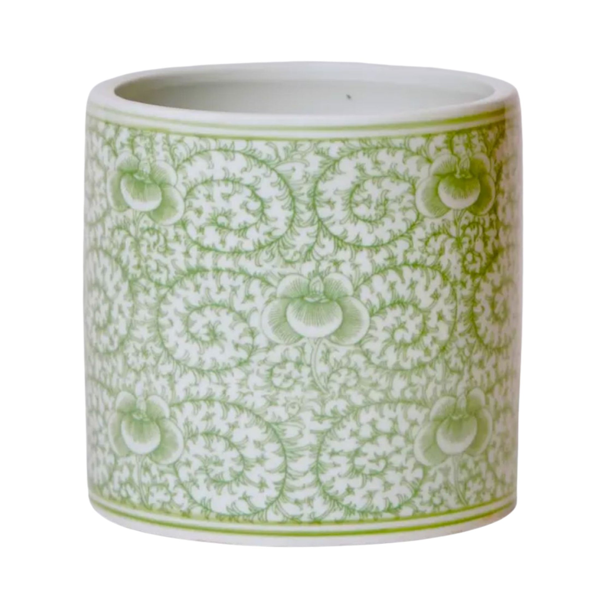 Green and White Scrolling Peony Cachepot Vases & Planters 