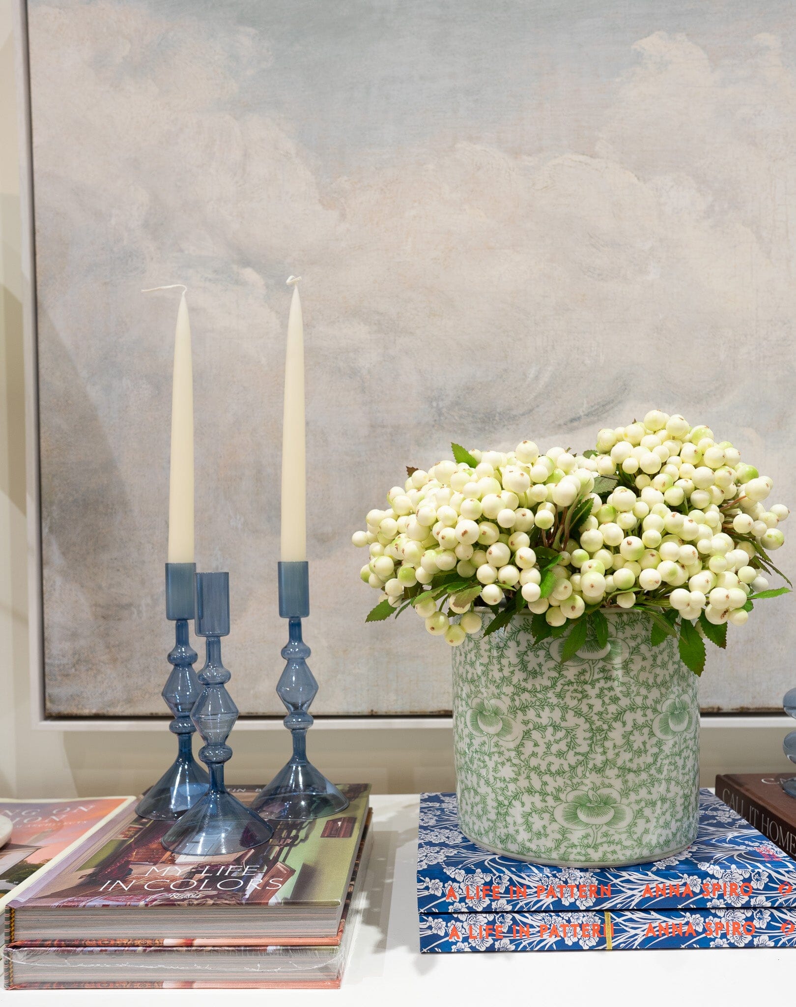 Green and White Scrolling Peony Cachepot Vases & Planters 