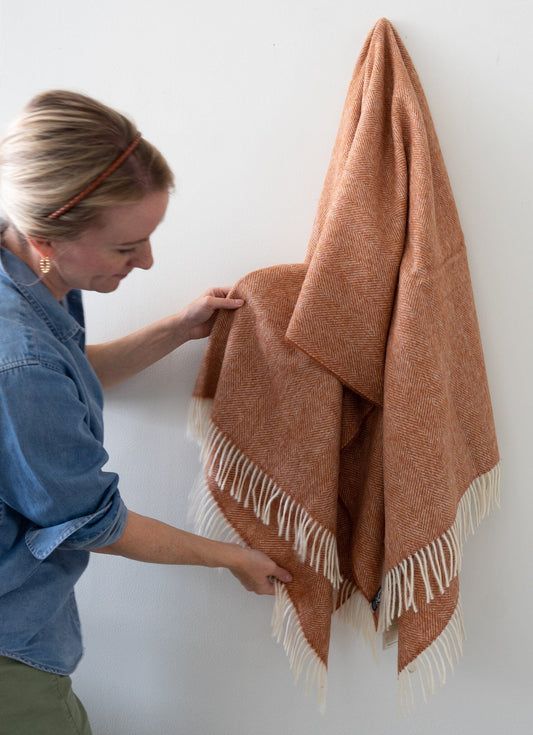 Herringbone Pure British Wool Throw - Terracotta Throws 