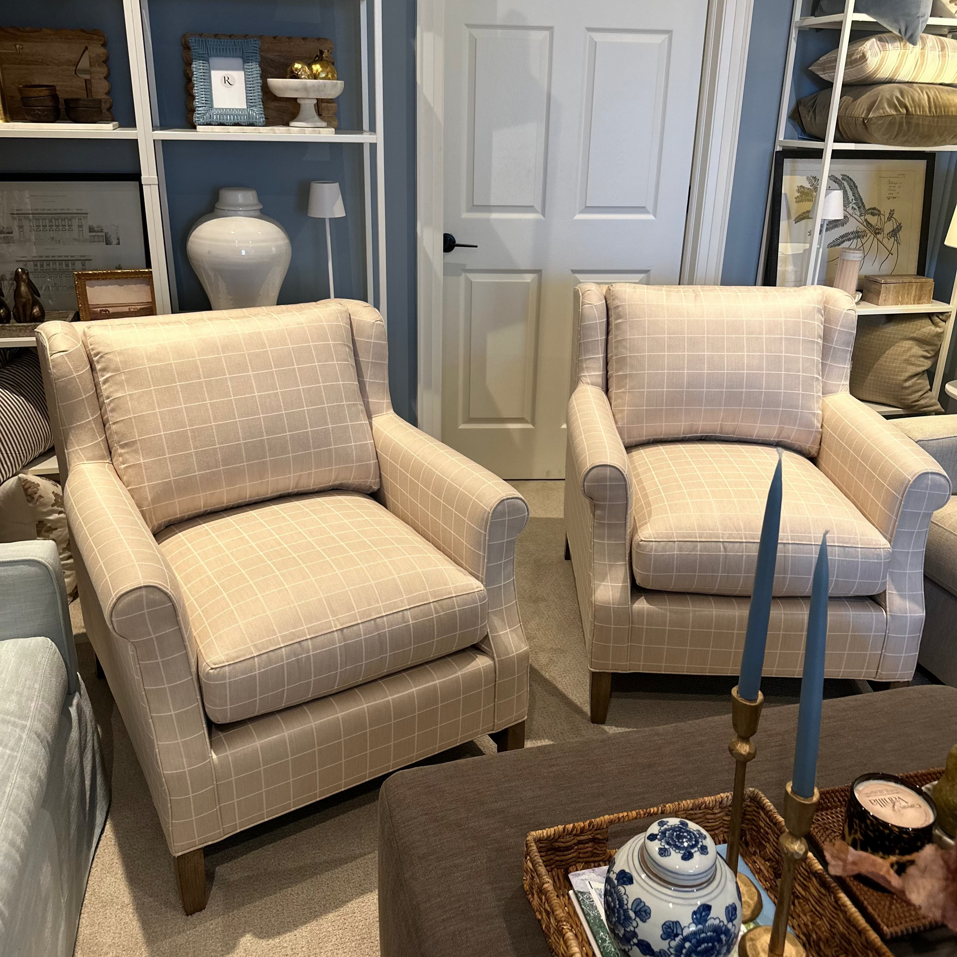 Pair of Louie Chairs, Box Office Cashmere Sunbrella - Floor Models 