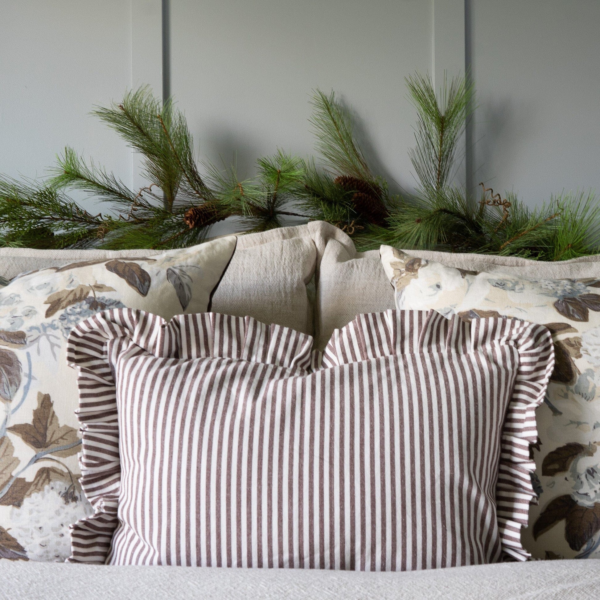 Ruffle Lumbar Pillow Brown and White Stripes Pillows 