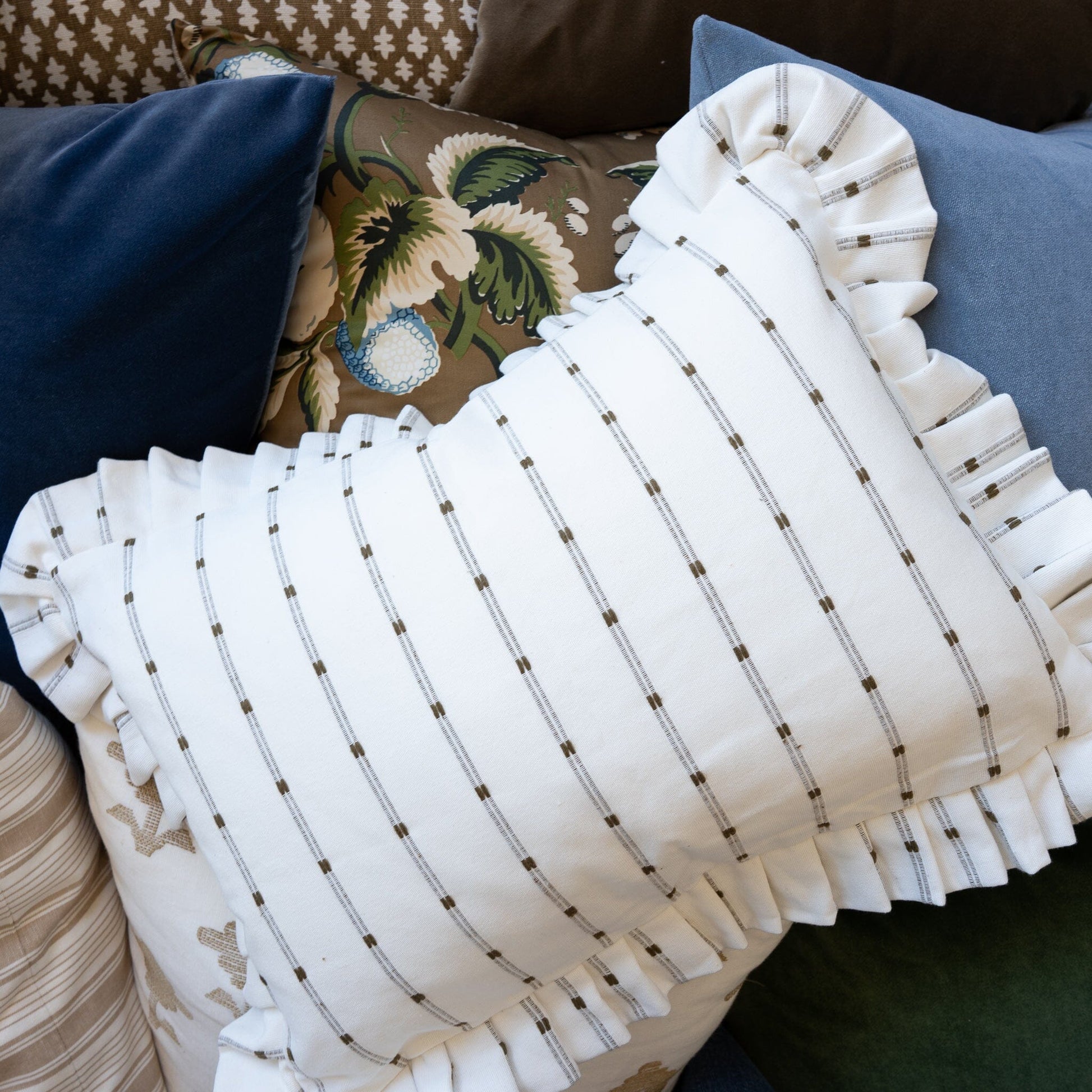 Ruffle Lumbar Pillow Embroidery Olive Green Stripes Pillows 