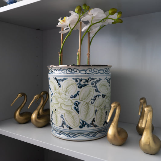 Rustic Blue and Green Floral Porcelain Cachepot Vases & Planters 