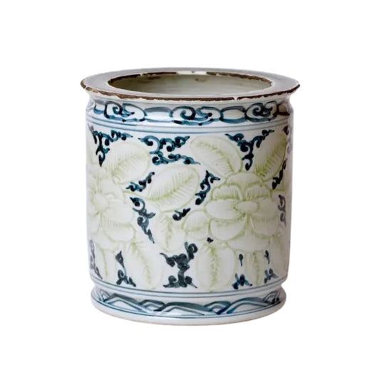 Rustic Blue and Green Floral Porcelain Cachepot Vases & Planters 