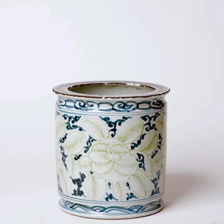 Rustic Blue and Green Floral Porcelain Cachepot Vases & Planters 