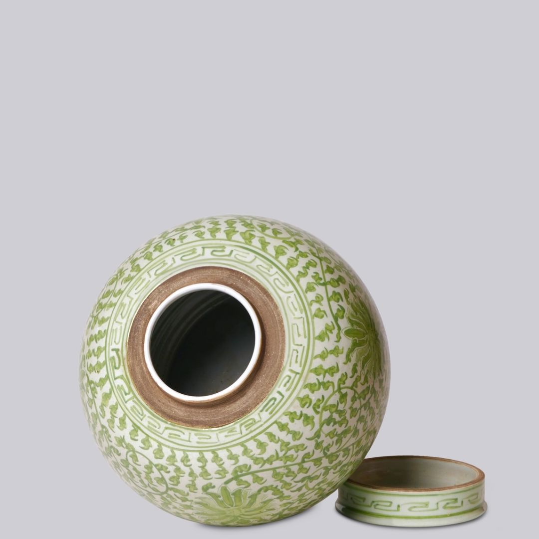 Scrolling Lotus Green and White Jar Vases & Planters 