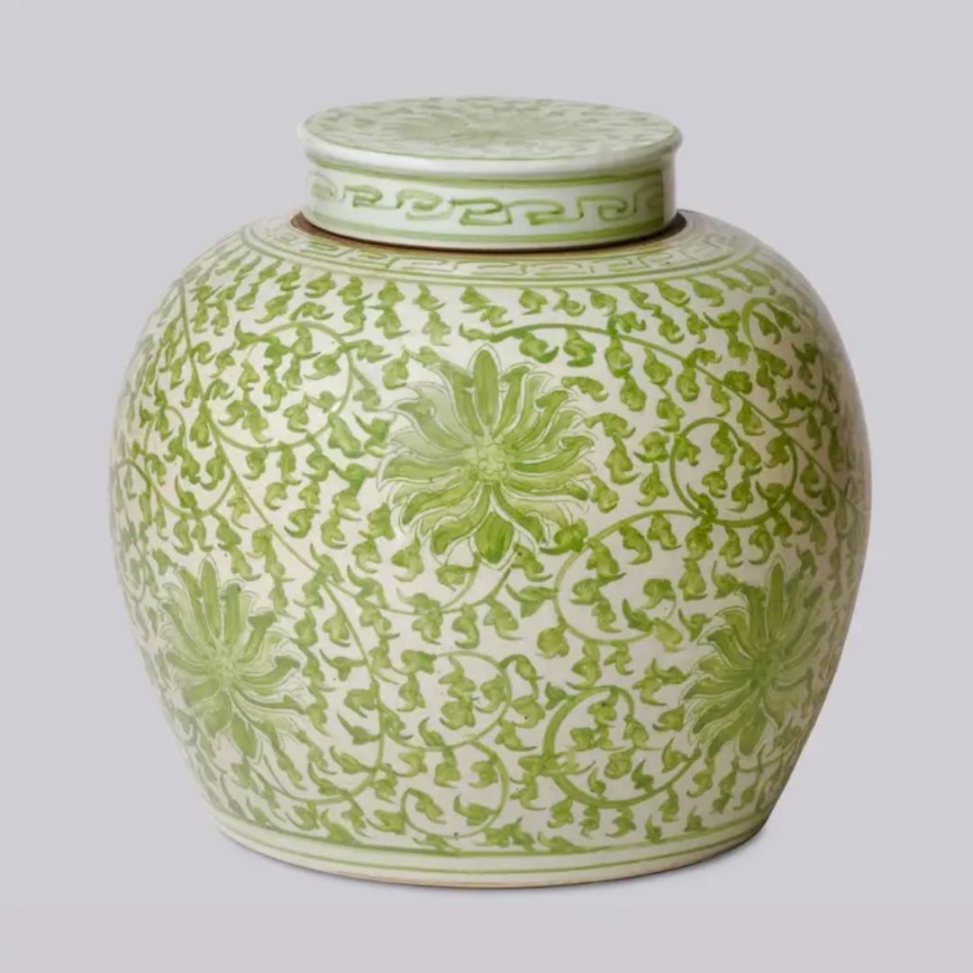 Scrolling Lotus Green and White Jar Vases & Planters 