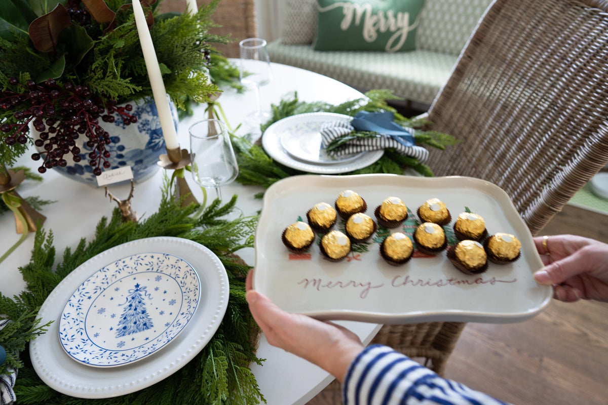 Stoneware Scalloped Platter with Trees Kitchen 