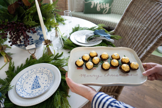 Stoneware Scalloped Platter with Trees Kitchen 
