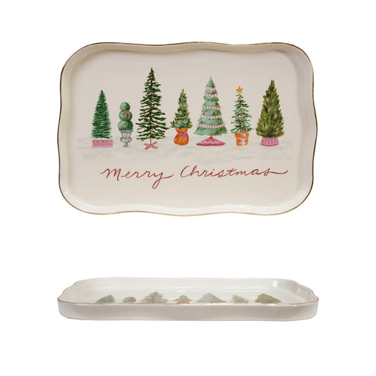 Stoneware Scalloped Platter with Trees Kitchen 