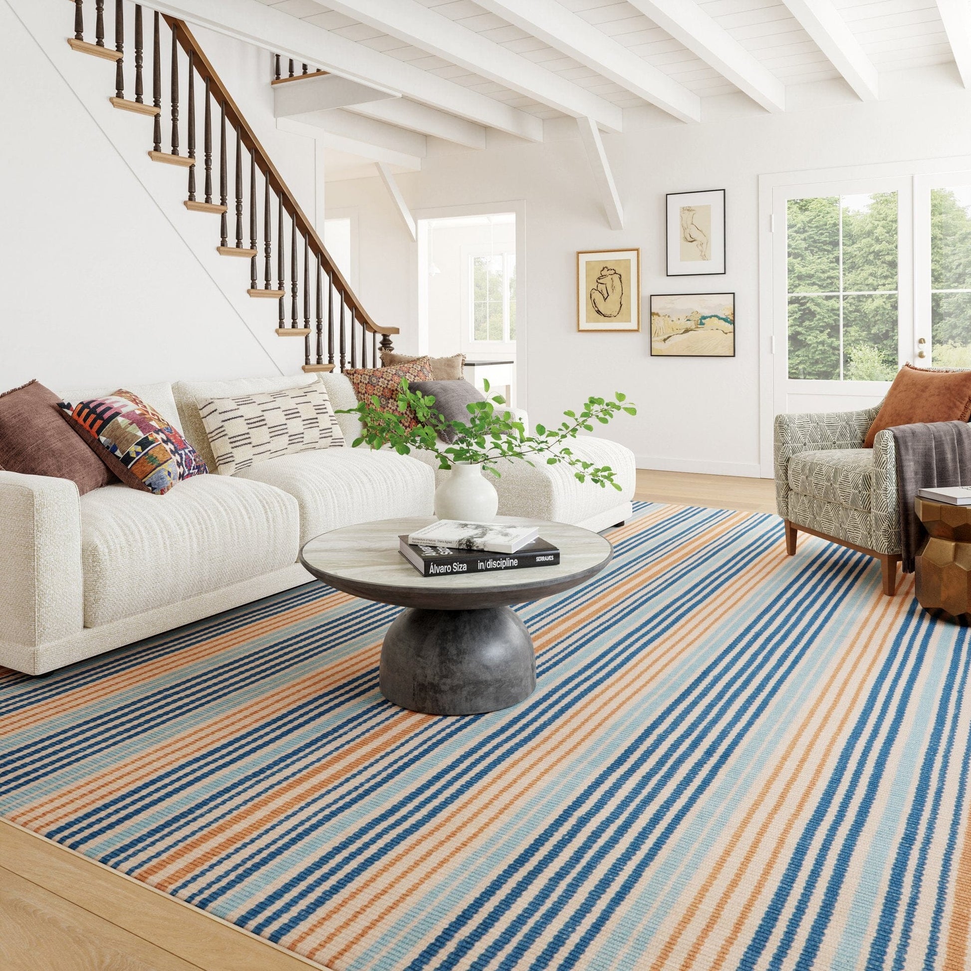 Tyne Coastal Striped Machine Washable Rug - Blue Rugs 