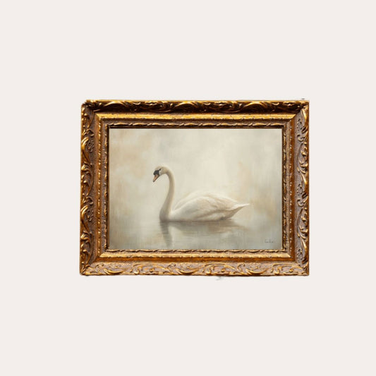 Vintage Swan, French Brass Gold Mould Framed Art- 5x7" Framed Art 