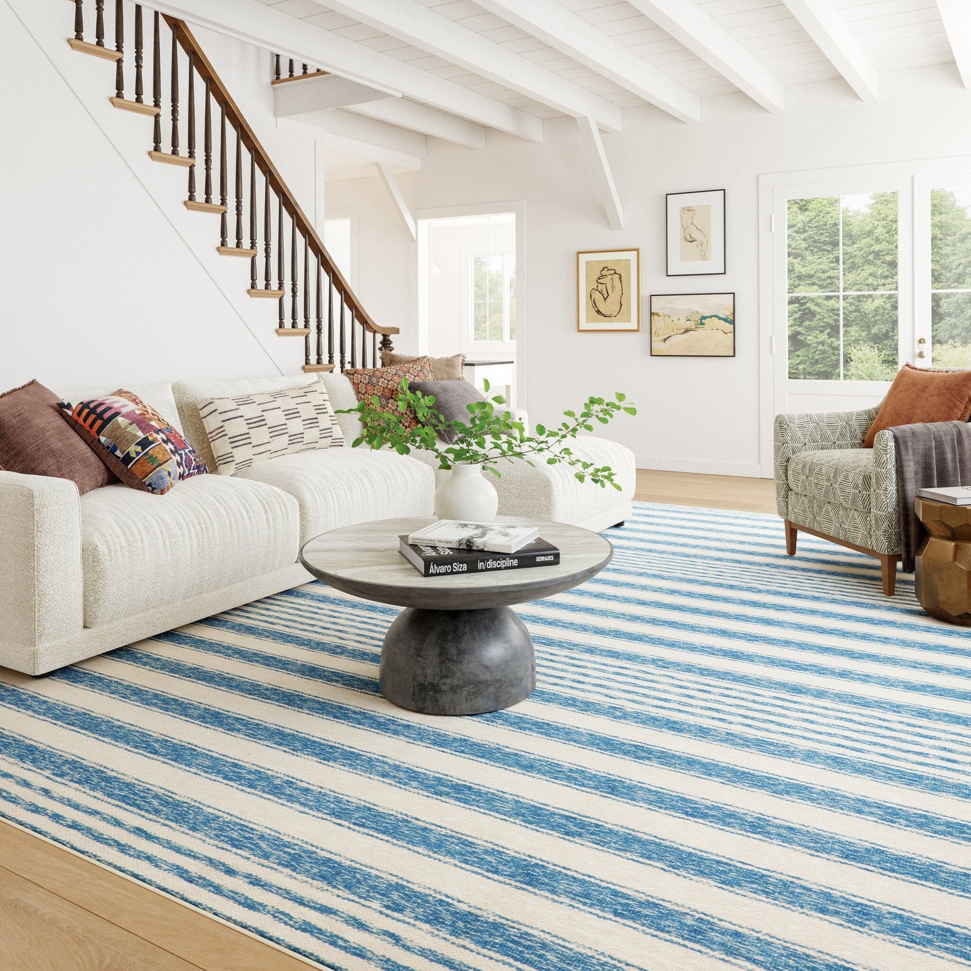 Vion Coastal Striped Machine Washable Rug - Blue Rugs 