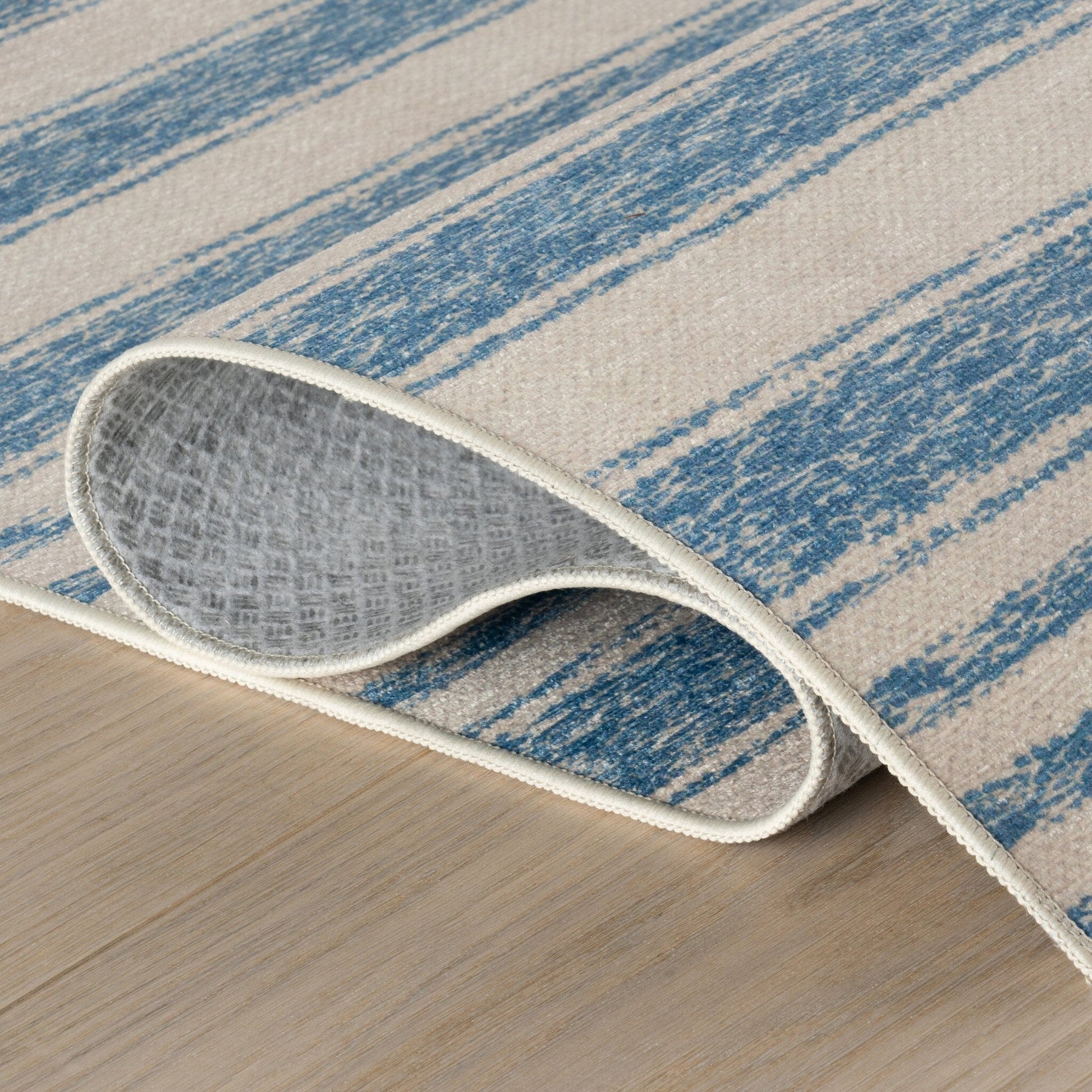 Vion Coastal Striped Machine Washable Rug - Blue Rugs 
