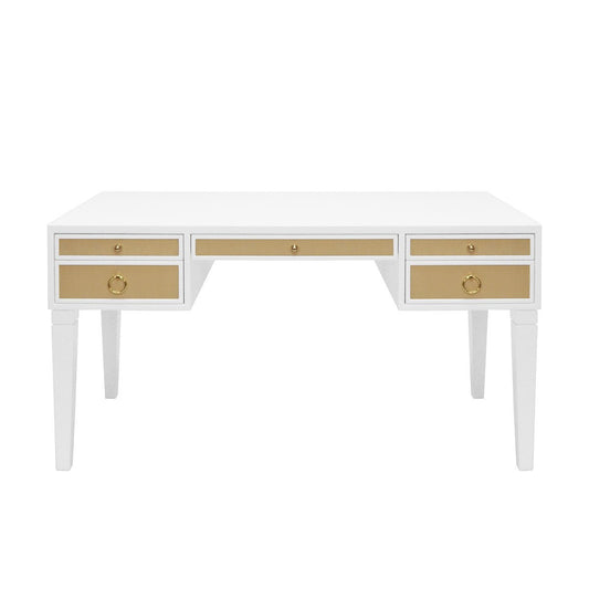 Adelaide Desk Matte White Lacquer & Natural Grasscloth | Polished Brass. Front view.