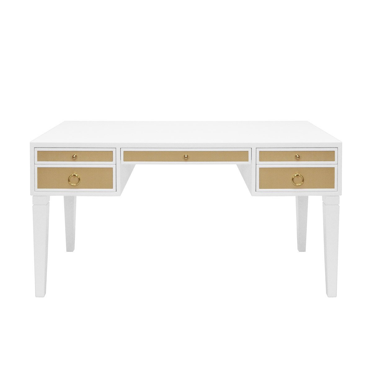 Adelaide Desk Matte White Lacquer & Natural Grasscloth | Polished Brass. Front view.