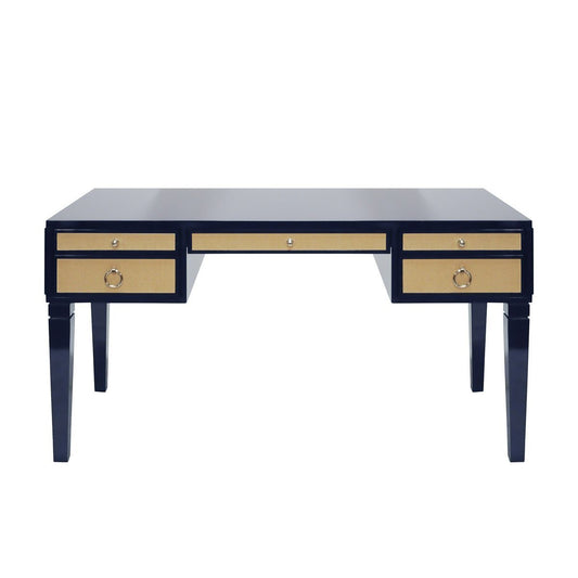 Adelaide Desk Glossy Navy Lacquer & Natural Grasscloth | Polished Nickel. Front view.