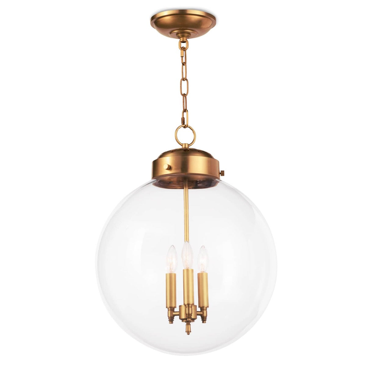 Globe Pendant Natural Brass. Front view.