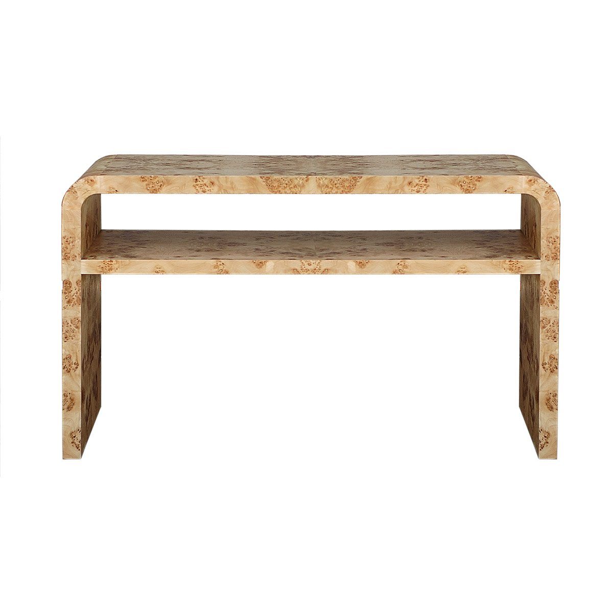 Burl Wood Console Table. Front view.