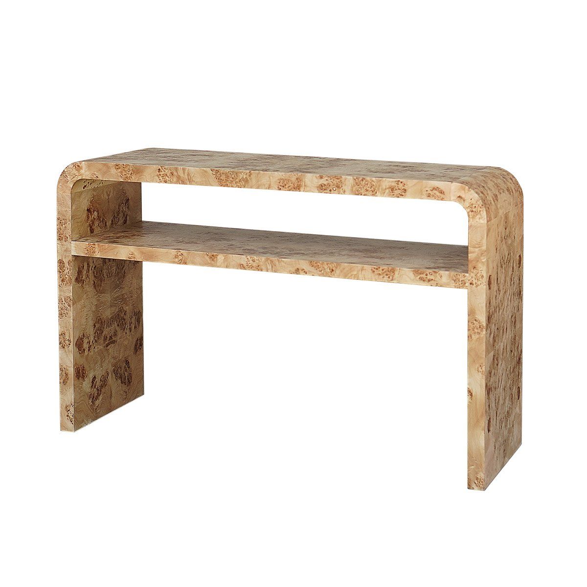 Burl Wood Console Table. Front view.