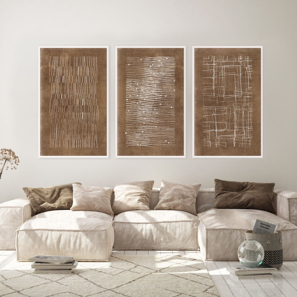 Burnt Umber Impressions III styled in a neutral living room. Styled view.