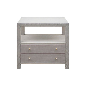 Casey Grasscloth Side Table Grey Grasscloth | Polished Brass. Front view.