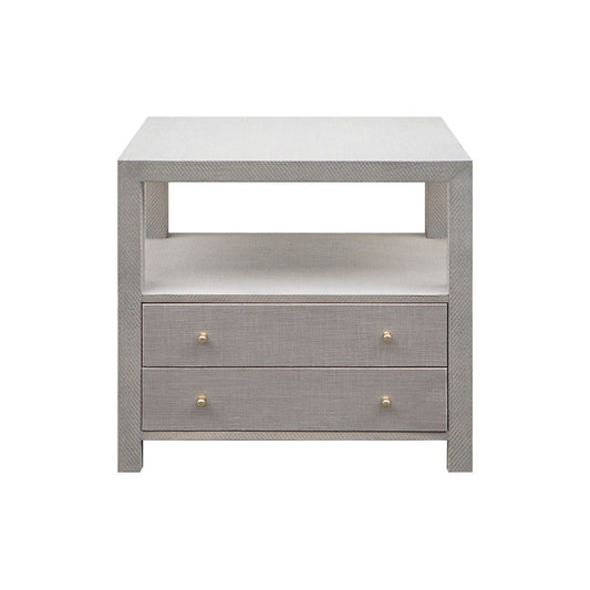 Casey Grasscloth Side Table Grey Grasscloth | Polished Brass. Front view.