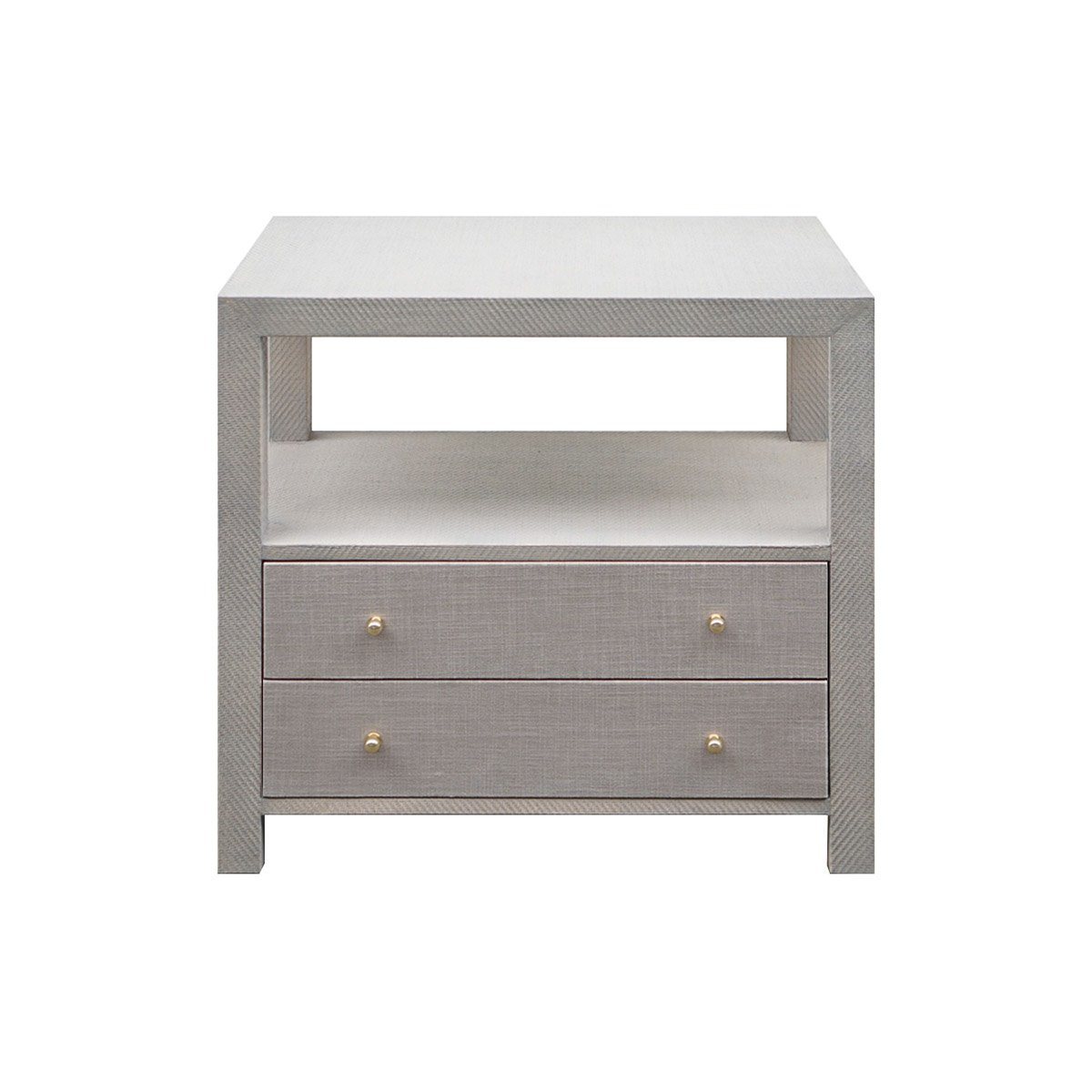 Casey Grasscloth Side Table Grey Grasscloth | Polished Brass. Front view.