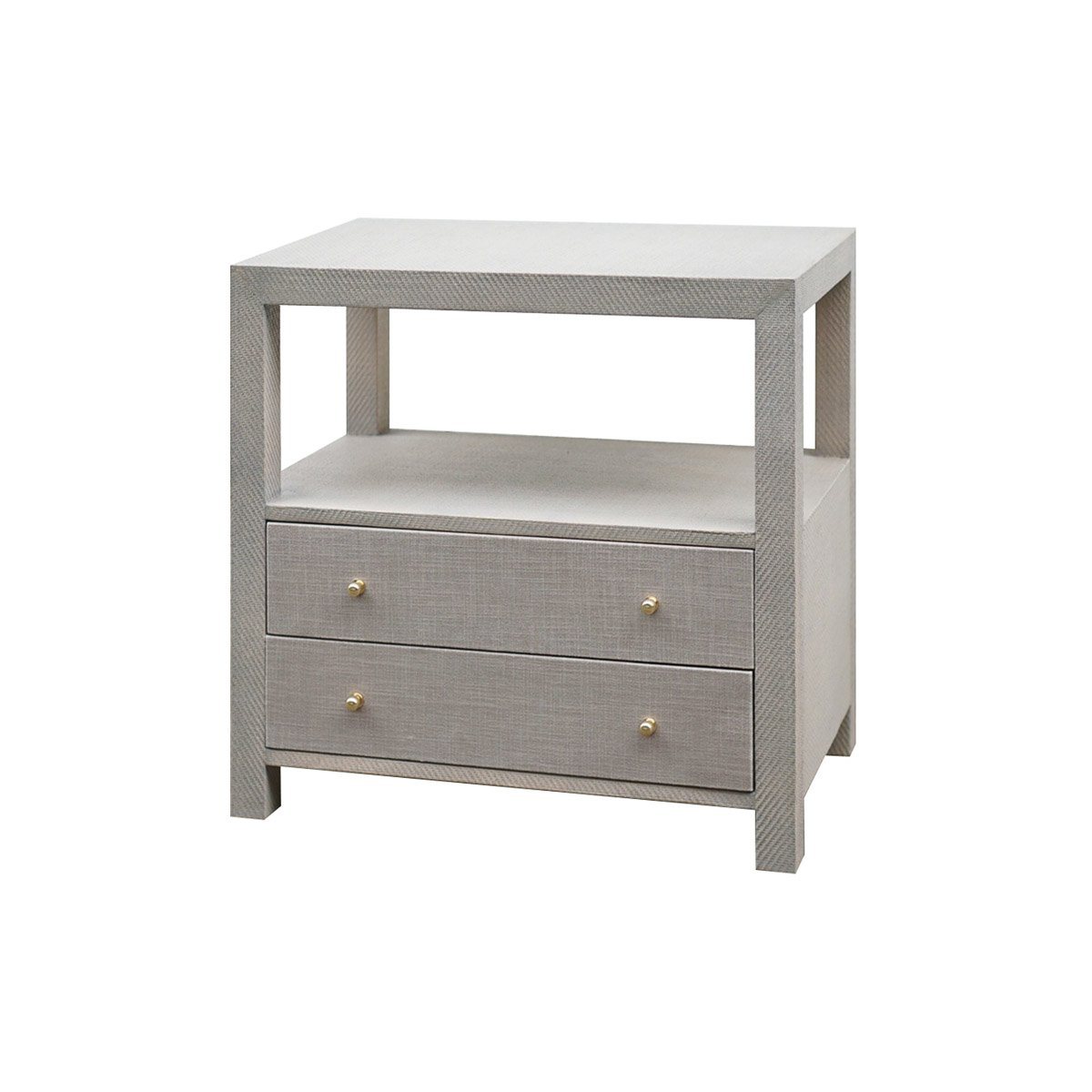 Casey Grasscloth Side Table Grey Grasscloth | Polished Brass. Left angle view.